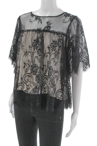 Flannel Womens Kimono Blouse Black Floral Nylon Short Sleeve Gothic Size 0