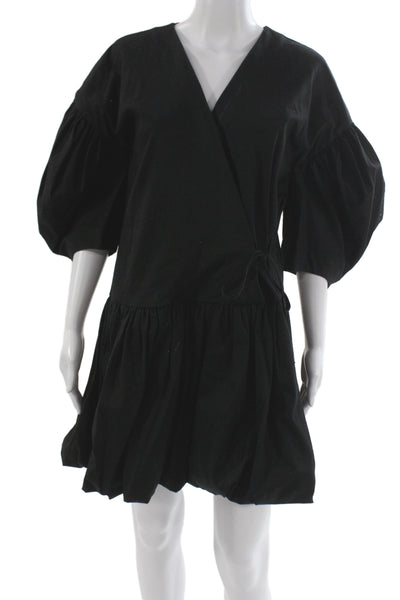 Kika Vargas Womens Wrap Dress Black VNeck Cotton Knee Length Half Sleeve Size S