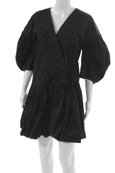 Kika Vargas Womens Wrap Dress Black VNeck Cotton Knee Length Half Sleeve Size S