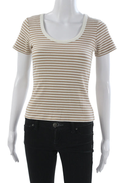 MNG Women Striped Beige Scoop Neck T-Shirt Short Sleeve Size S