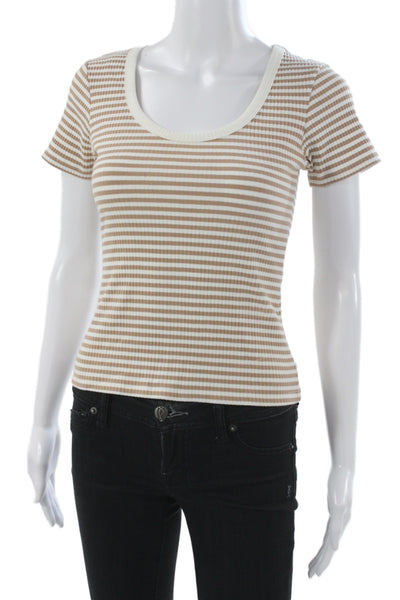 MNG Women Striped Beige Scoop Neck T-Shirt Short Sleeve Size S