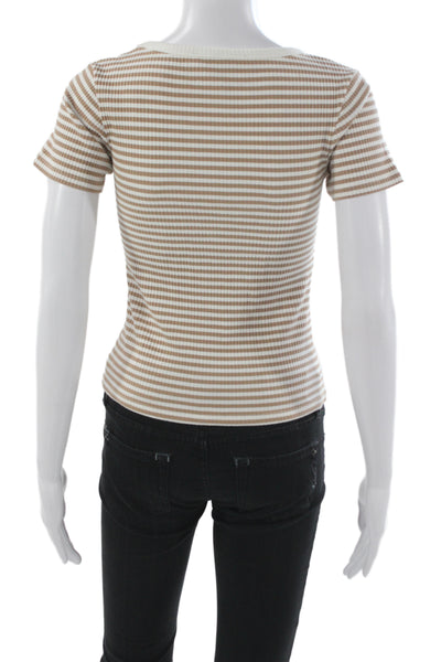 MNG Women Striped Beige Scoop Neck T-Shirt Short Sleeve Size S