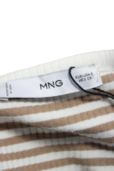 MNG Women Striped Beige Scoop Neck T-Shirt Short Sleeve Size S