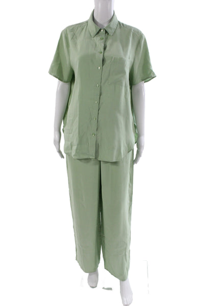 MNG Womens Pajama Set Green Viscose Collared Button Short Sleeve Size S