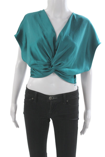 Zara Womens Cropped V-Neck Short Sleeve Green Blouse Zip Closure Size M