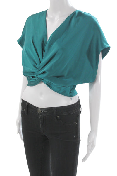 Zara Womens Cropped V-Neck Short Sleeve Green Blouse Zip Closure Size M