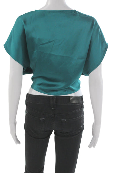 Zara Womens Cropped V-Neck Short Sleeve Green Blouse Zip Closure Size M
