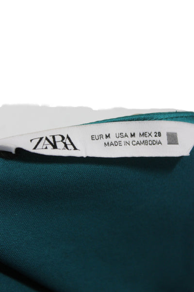 Zara Womens Cropped V-Neck Short Sleeve Green Blouse Zip Closure Size M