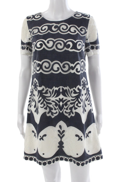 J Crew Women Shift Dress Blue Geometric Cotton Knee-Length Size 4P