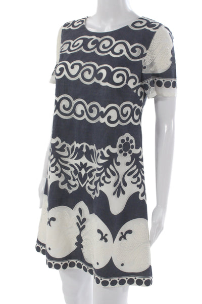 J Crew Women Shift Dress Blue Geometric Cotton Knee-Length Size 4P