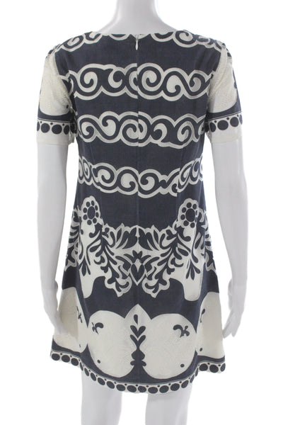 J Crew Women Shift Dress Blue Geometric Cotton Knee-Length Size 4P