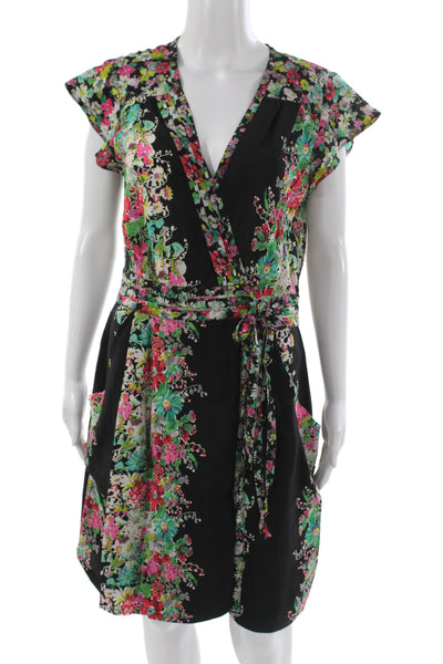 Nanette Lepore Women Wrap Dress Silk Floral V Neck Tie Waist Knee Size 10