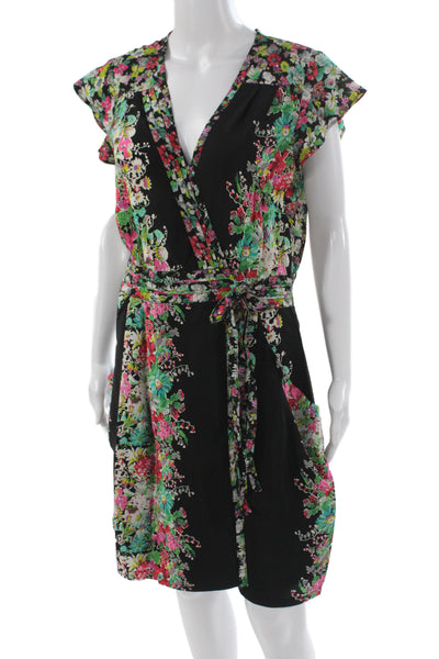 Nanette Lepore Women Wrap Dress Silk Floral V Neck Tie Waist Knee Size 10