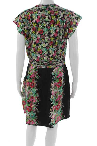 Nanette Lepore Women Wrap Dress Silk Floral V Neck Tie Waist Knee Size 10