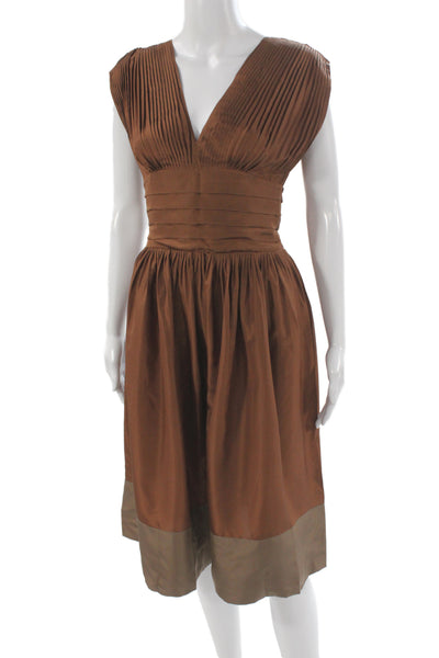 BCBGMAXAZRIA Womens A-Line Silk VNeck Sleeveless Brown Knee Length Dress Size 2