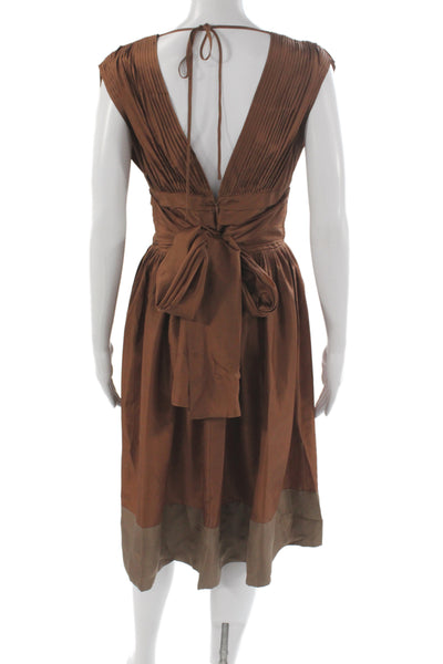 BCBGMAXAZRIA Womens A-Line Silk VNeck Sleeveless Brown Knee Length Dress Size 2