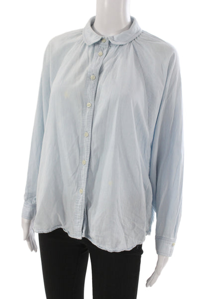 The Great Women Basic Collared Cotton Button-Up Blouse Long Sleeve Blue Size 1