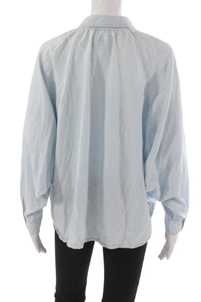The Great Women Basic Collared Cotton Button-Up Blouse Long Sleeve Blue Size 1