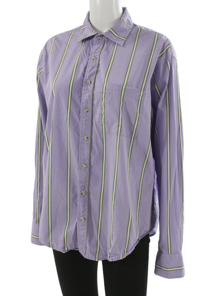 Donni Womens Purple Striped Cotton Collared Button-Up Long Sleeve Top Size M