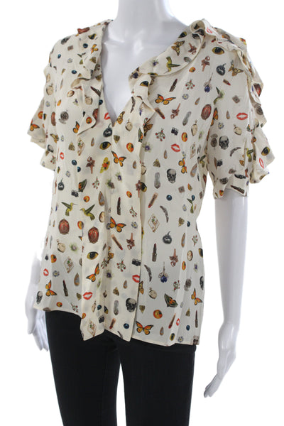 Alexander McQueen Womens Silk Butterfly V-Neck Blouse Size 40
