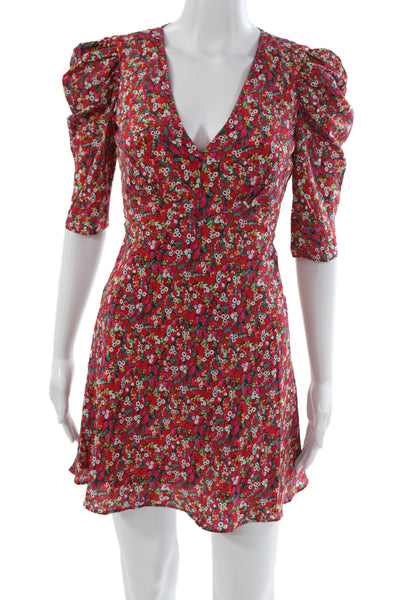 Saloni Women Fit & Flare Dress Red Silk V-Neck Half Sleeve Knee Length Size 2