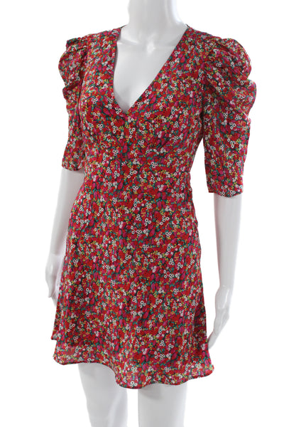 Saloni Women Fit & Flare Dress Red Silk V-Neck Half Sleeve Knee Length Size 2