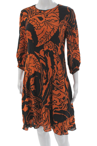 Gucci Women A-Line Dress Black Silk 3/4 Sleeve Round Neck Knee Length Size 38