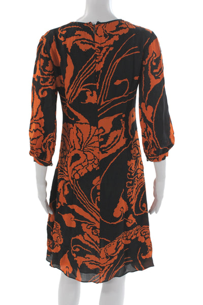 Gucci Women A-Line Dress Black Silk 3/4 Sleeve Round Neck Knee Length Size 38