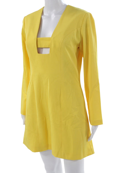 Buru Women A-Line Dress Yellow V-Neck Long Sleeve Knee Length Size S