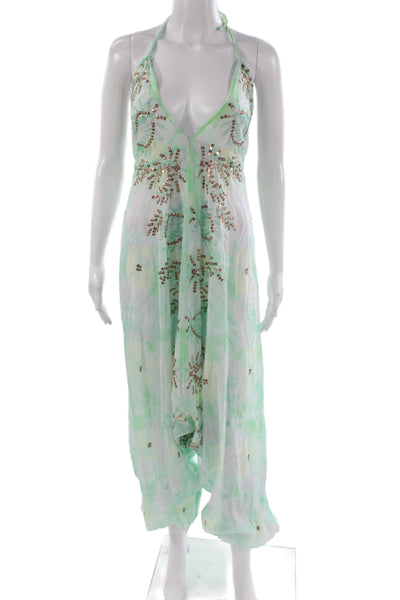 Juliet Dunn Womens Green Tie Dye Halter Sleeveless Jumpsuit Size One Size