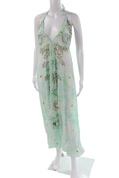 Juliet Dunn Womens Green Tie Dye Halter Sleeveless Jumpsuit Size One Size