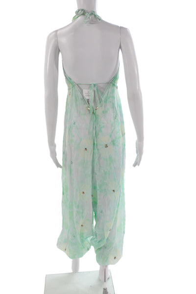 Juliet Dunn Womens Green Tie Dye Halter Sleeveless Jumpsuit Size One Size
