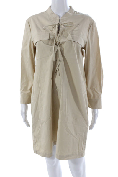 Theory Womens Beige Cotton Collared Lace Up Shirt Dress Long Sleeve Size 10