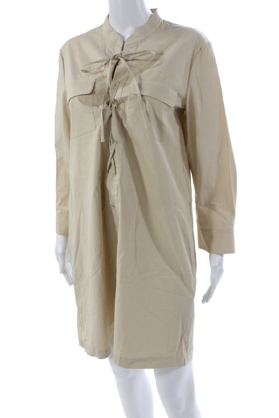 Theory Womens Beige Cotton Collared Lace Up Shirt Dress Long Sleeve Size 10