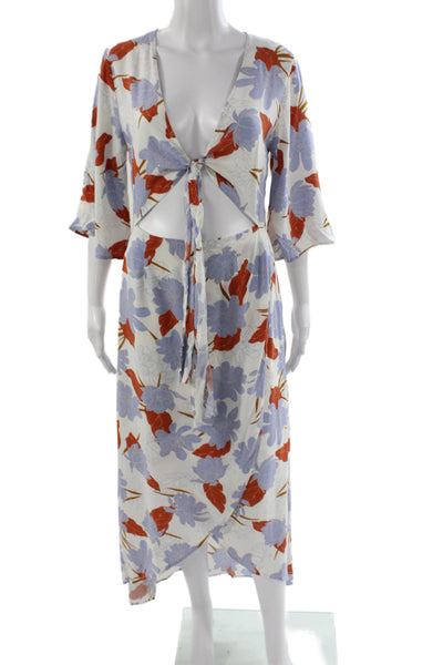 L Space Women Floral Maxi Rayon V Neck Tie Mid Calf Dress Multicolor Size S