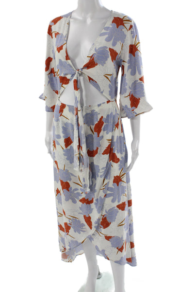 L Space Women Floral Maxi Rayon V Neck Tie Mid Calf Dress Multicolor Size S