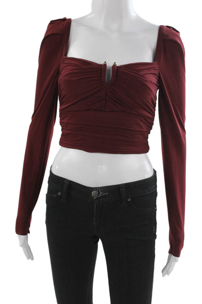 Self-Portrait Women Cropped Jersey Sweetheart Long Sleeve Blouse Red Zip Size 0