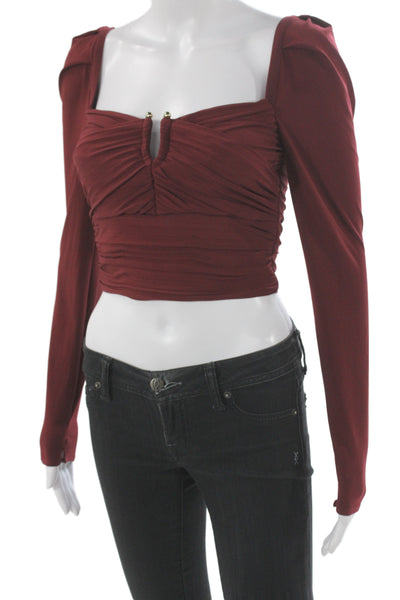 Self-Portrait Women Cropped Jersey Sweetheart Long Sleeve Blouse Red Zip Size 0