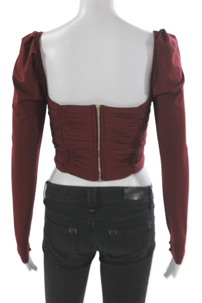 Self-Portrait Women Cropped Jersey Sweetheart Long Sleeve Blouse Red Zip Size 0