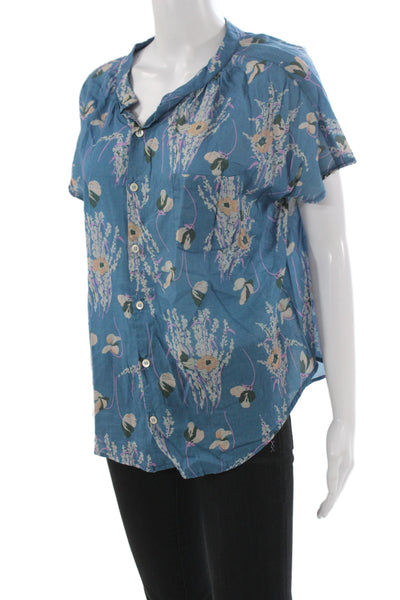 Bsbee Women Basic Blue Floral Button-Up Collared Cotton Short Sleeve Size XS