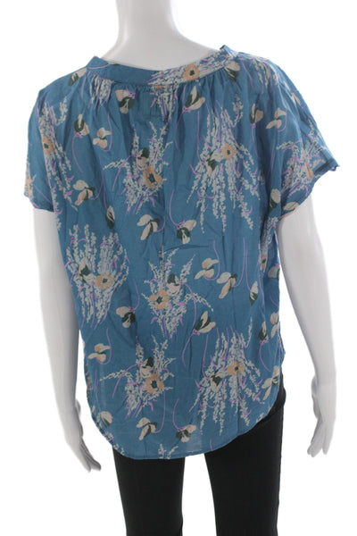 Bsbee Women Basic Blue Floral Button-Up Collared Cotton Short Sleeve Size XS