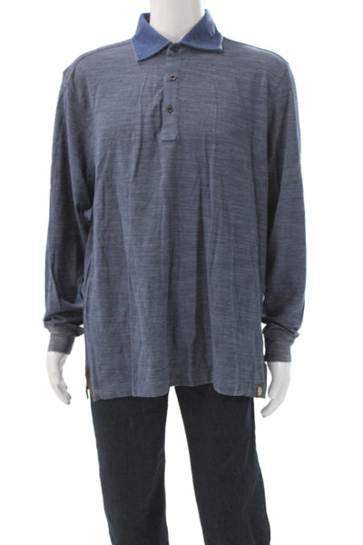 Thaddeus Mens Long Sleeve Collared Knit Polo Shirt Blue Cotton Size XL