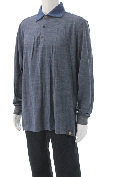 Thaddeus Mens Long Sleeve Collared Knit Polo Shirt Blue Cotton Size XL