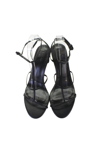 Zara Womens Stiletto Strappy Ankle Strap Sandals Black Leather Size 39