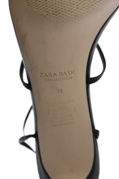 Zara Womens Stiletto Strappy Ankle Strap Sandals Black Leather Size 39