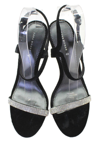 Zara Womens Stiletto Crystal Trim Velvet Ankle Strap Sandals Black Size 40