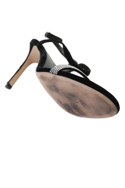 Zara Womens Stiletto Crystal Trim Velvet Ankle Strap Sandals Black Size 40