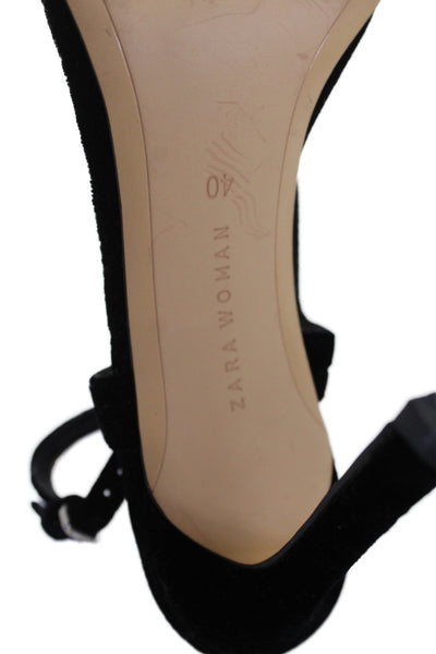 Zara Womens Stiletto Crystal Trim Velvet Ankle Strap Sandals Black Size 40
