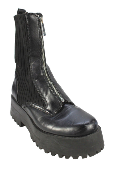Zara Womens Front Zip Block Heel Platform Knit Trim Boots Black Leather Size 39