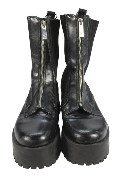 Zara Womens Front Zip Block Heel Platform Knit Trim Boots Black Leather Size 39
